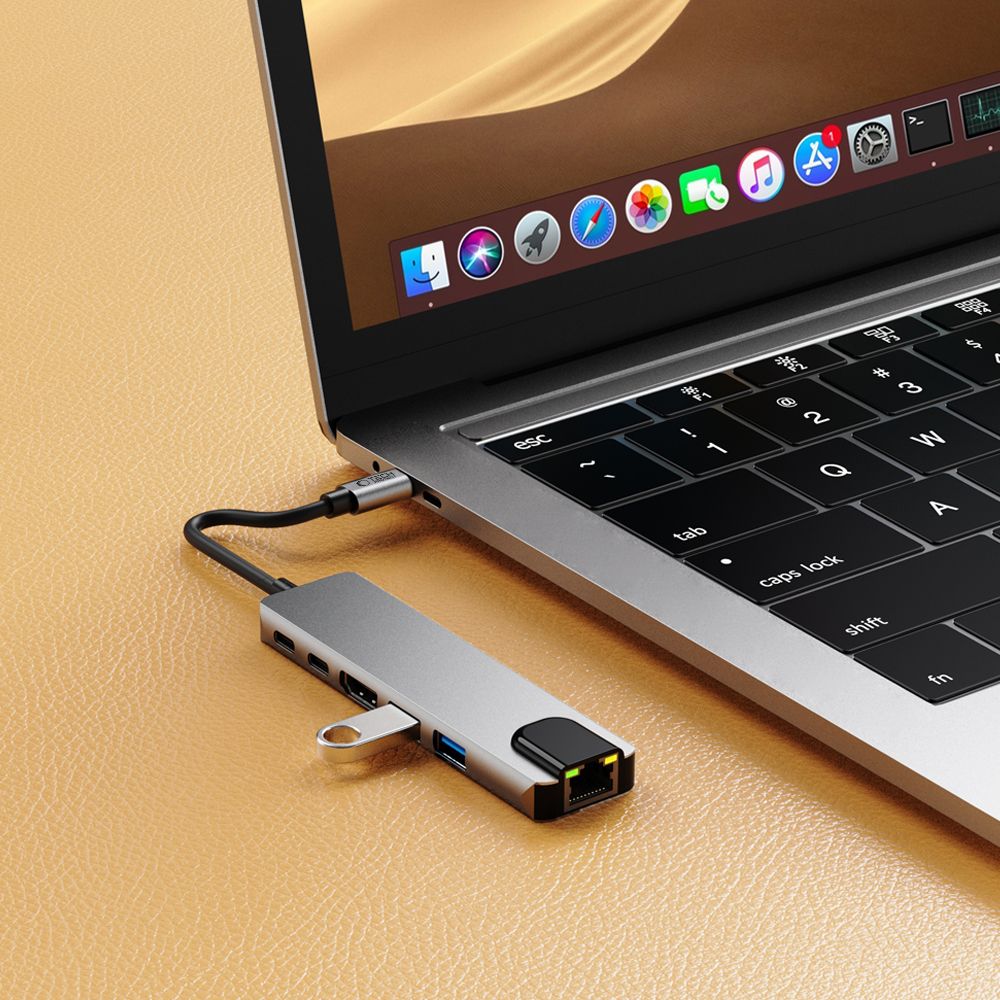 Tech-Protect HB02 USB-C Hub, 1 x USB-A 3.0 - 1 x USB-A - 2 x USB-C - 1 x HDMI - 1 x RJ45, Gray