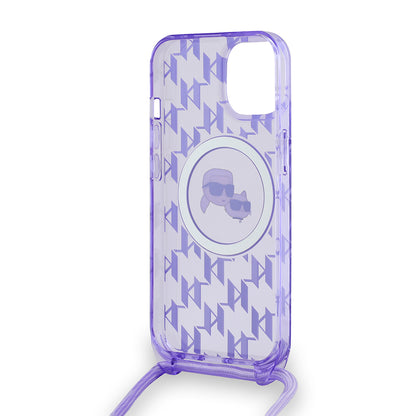MagSafe Case for Apple iPhone 15, Karl Lagerfeld, IML Crossbody Monogram Karl & Choupette's Heads, Purple