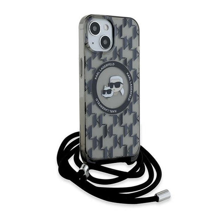MagSafe Case for Apple iPhone 15, Karl Lagerfeld, IML Crossbody Monogram Karl & Choupette's Heads, Black