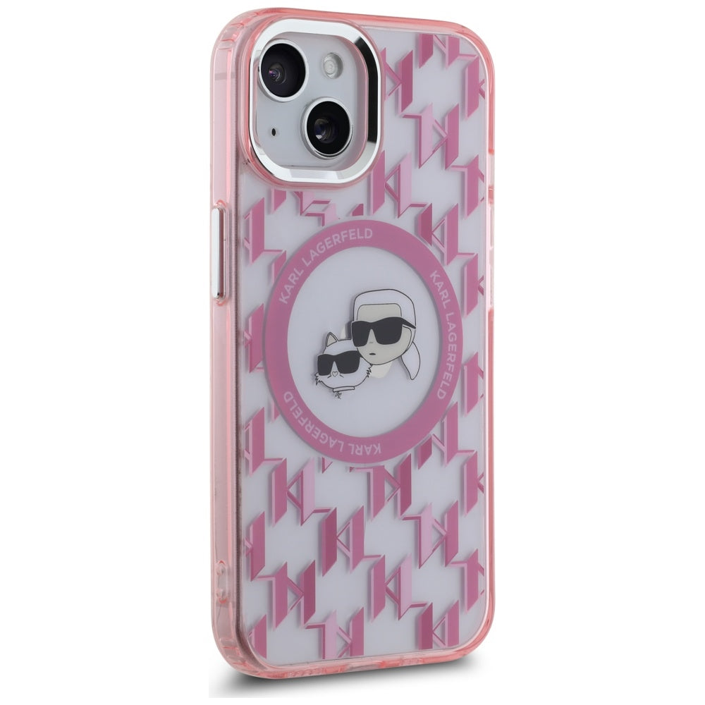 MagSafe Case for Apple iPhone 15, Karl Lagerfeld, IML Monogram Karl & Choupette's Heads, Pink