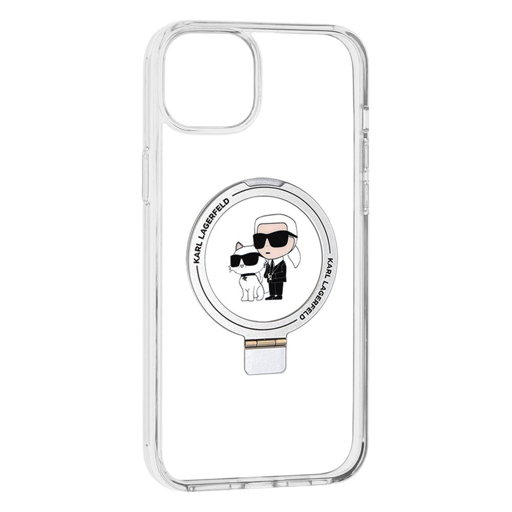 MagSafe Case for Apple iPhone 15 Plus, Karl Lagerfeld, Ringstand Karl and Choupette, White