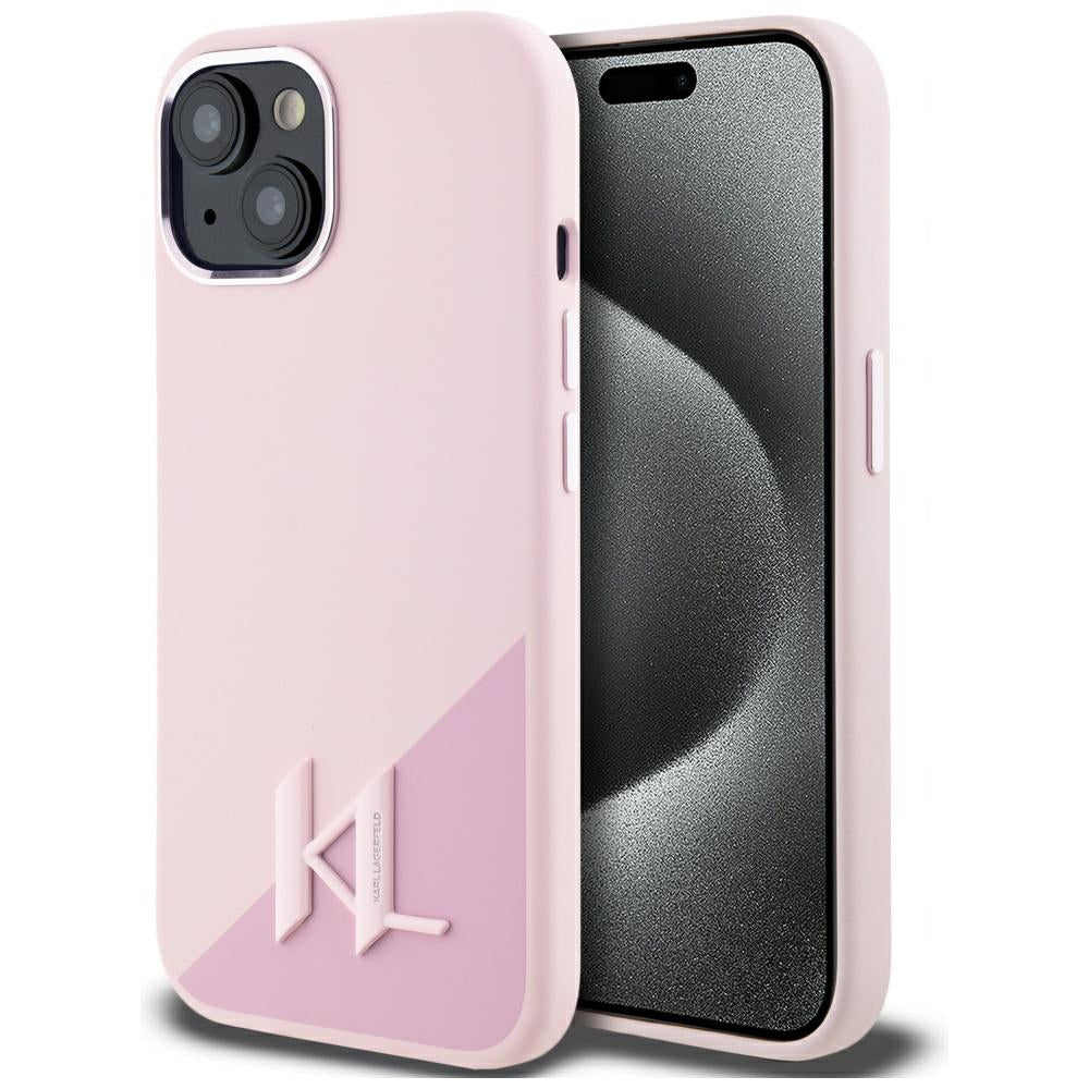 MagSafe Case for Apple iPhone 15, Karl Lagerfeld, Silicone Shadow Metal Initial, Pink