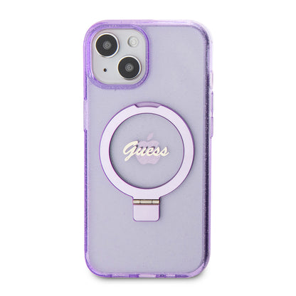 MagSafe Case for Apple iPhone 15 Plus, Guess, Ring Stand Script Glitter, Purple