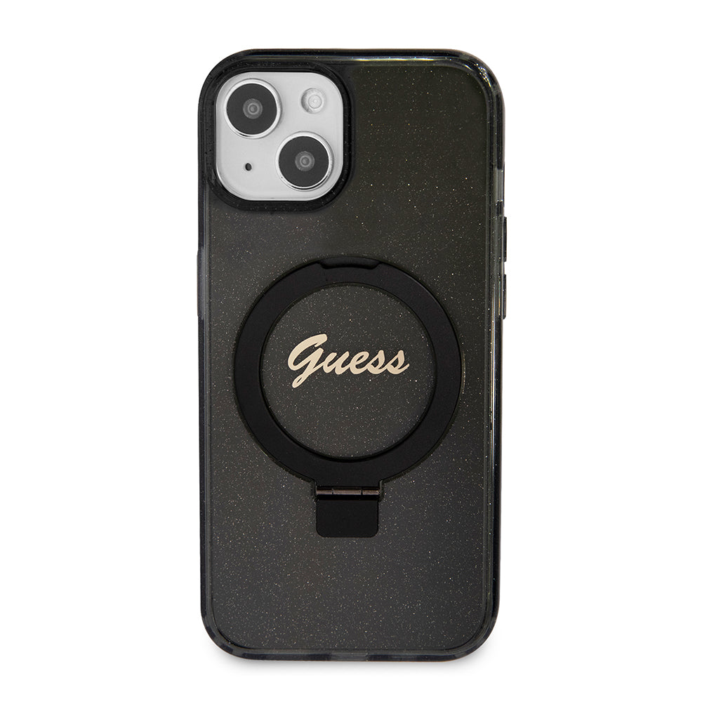 MagSafe Case for Apple iPhone 15 Plus, Guess, Ring Stand Script Glitter, Black