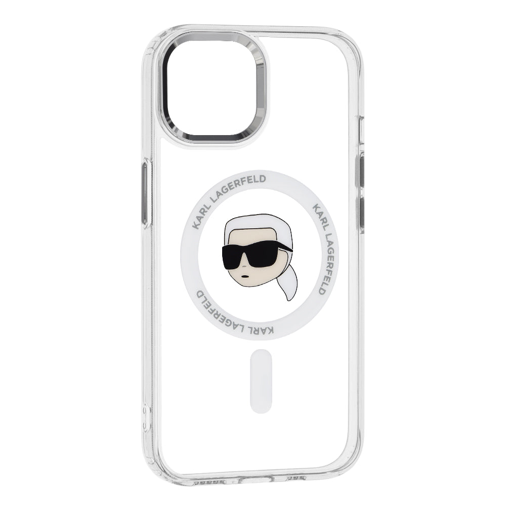 MagSafe Case for Apple iPhone 15 Plus, Karl Lagerfeld, IML Metal Karl's Head, White