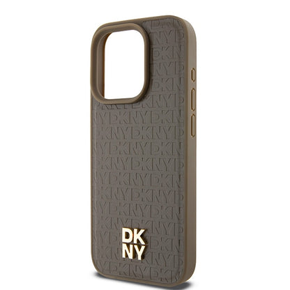 MagSafe Case for Apple iPhone 15 Pro, DKNY, Monogram Pattern Metal Logo, Brown