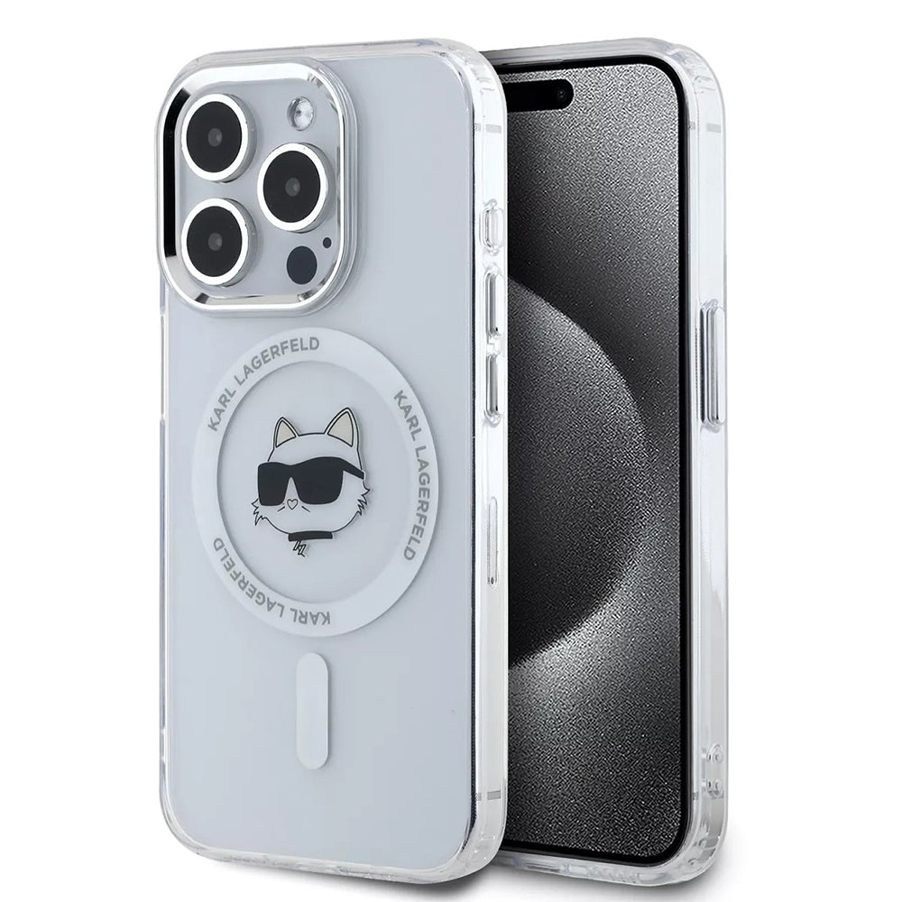 MagSafe Case for Apple iPhone 15 Pro, Karl Lagerfeld, IML Metal Choupette's Head, White
