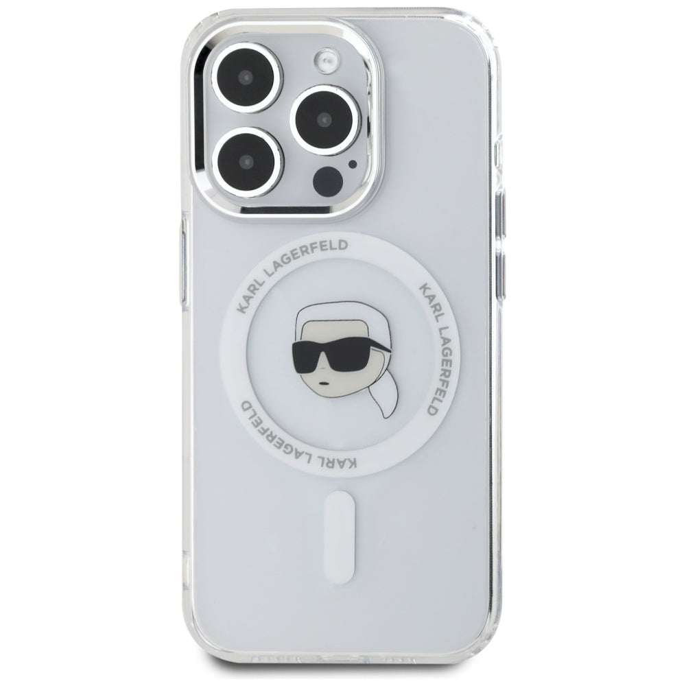 MagSafe Case for Apple iPhone 15 Pro, Karl Lagerfeld, IML Metal Karl's Head, White