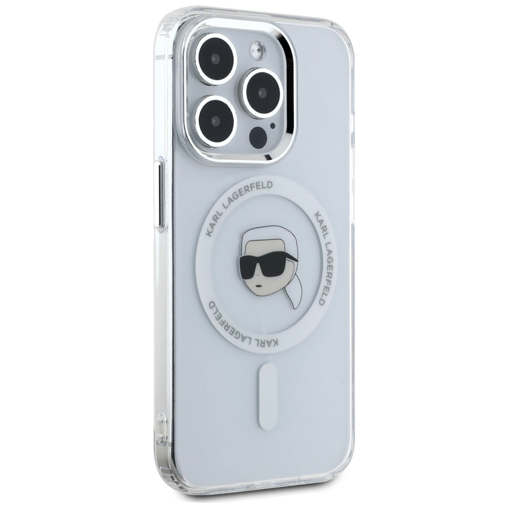 MagSafe Case for Apple iPhone 15 Pro, Karl Lagerfeld, IML Metal Karl's Head, White