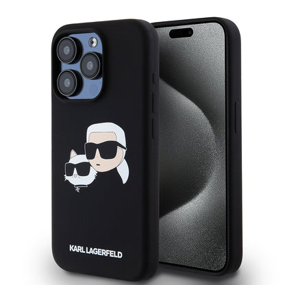 MagSafe Case for Apple iPhone 15 Pro, Karl Lagerfeld, Silicone Karl & Choupette's Heads, Black