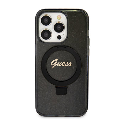 MagSafe Case for Apple iPhone 15 Pro Max, Guess, IML Ring Stand Glitter, Black