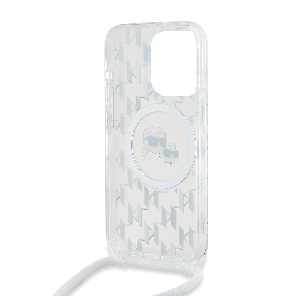 MagSafe Case for Apple iPhone 15 Pro Max, Karl Lagerfeld, IML Crossbody Monogram Karl & Choupette's Heads, Transparent