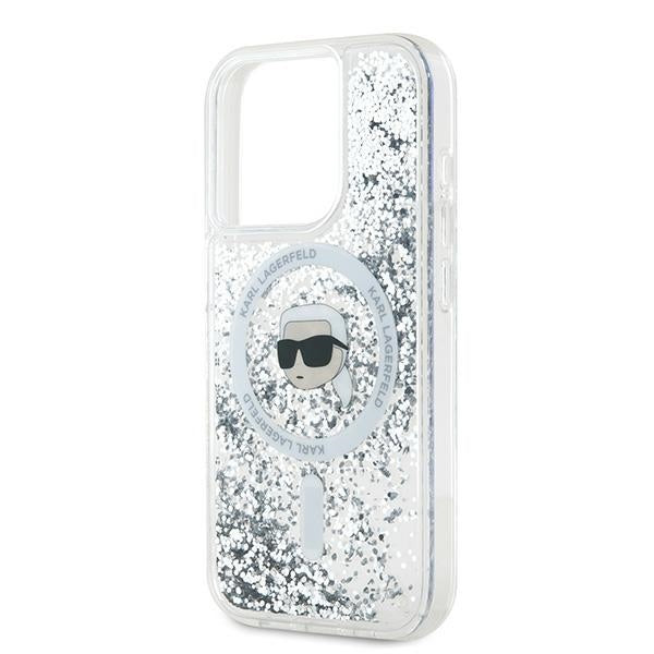MagSafe Case for Apple iPhone 15 Pro Max, Karl Lagerfeld, Liquid Glitter Karl's Head, Transparent