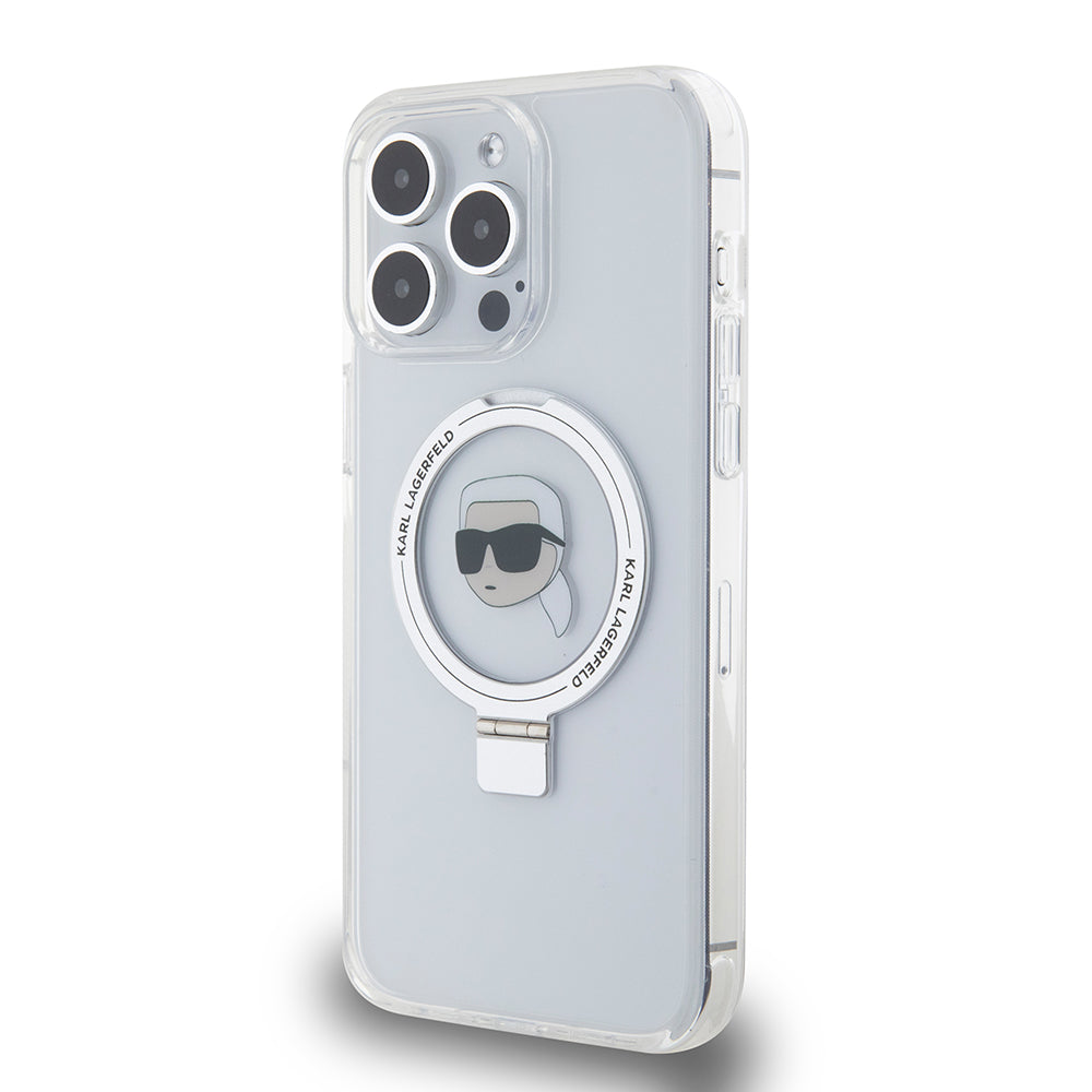 MagSafe Case for Apple iPhone 15 Pro Max, Karl Lagerfeld, Ring Stand Karl's Head, White