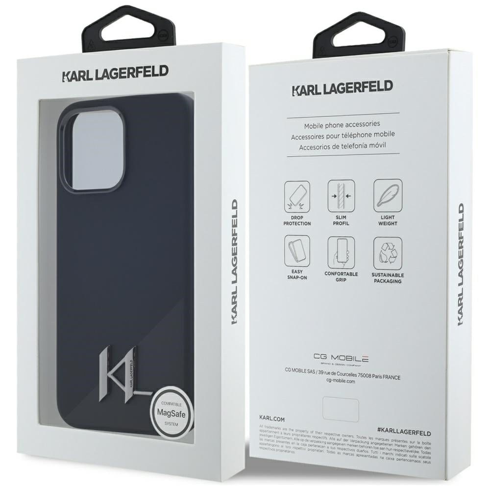 MagSafe Case for Apple iPhone 15 Pro Max, Karl Lagerfeld, Silicone Shadow Metal Initial, Black