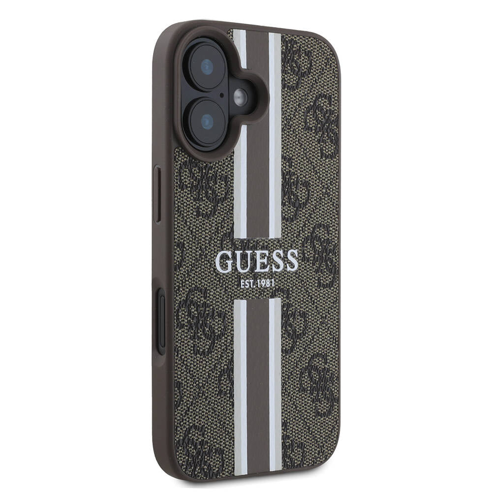 MagSafe Case for Apple iPhone 16, Guess, 4G Printed Stripes, Brown