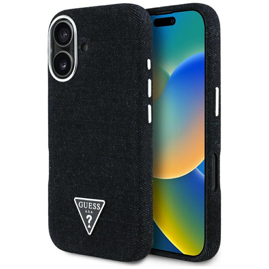 MagSafe Case for Apple iPhone 16, Guess, Denim Triangle Logo, Black