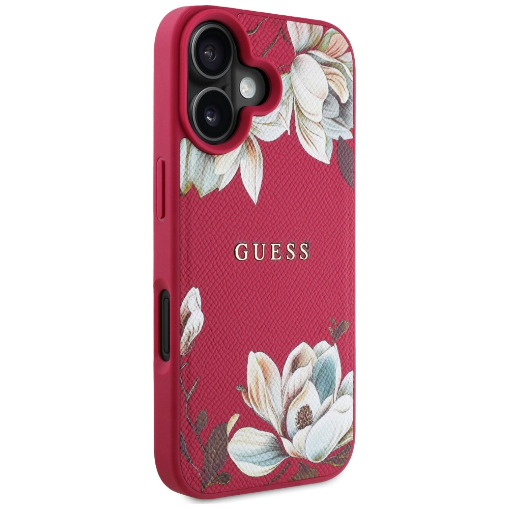 MagSafe Case for Apple iPhone 16, Guess, Grained Flowers, Fuchsia