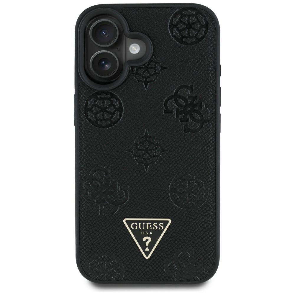 MagSafe Case for Apple iPhone 16, Guess, Peony Grained Hot Stamp Triangle, Black