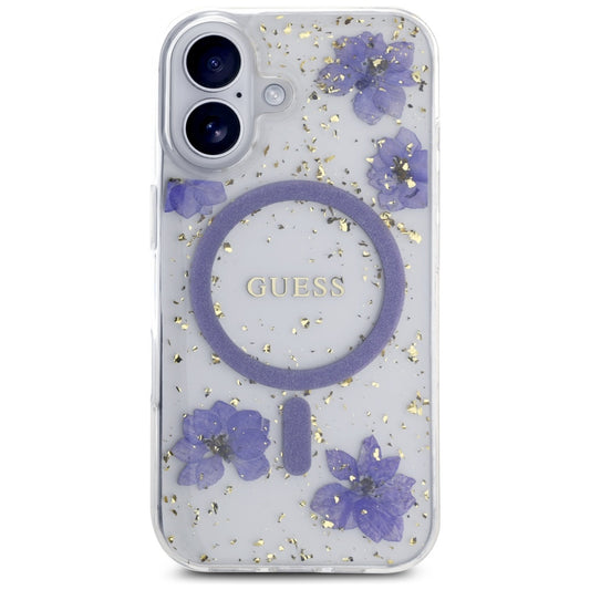 MagSafe Case for Apple iPhone 16, Guess, Resin Flowers and Glitter, Purple