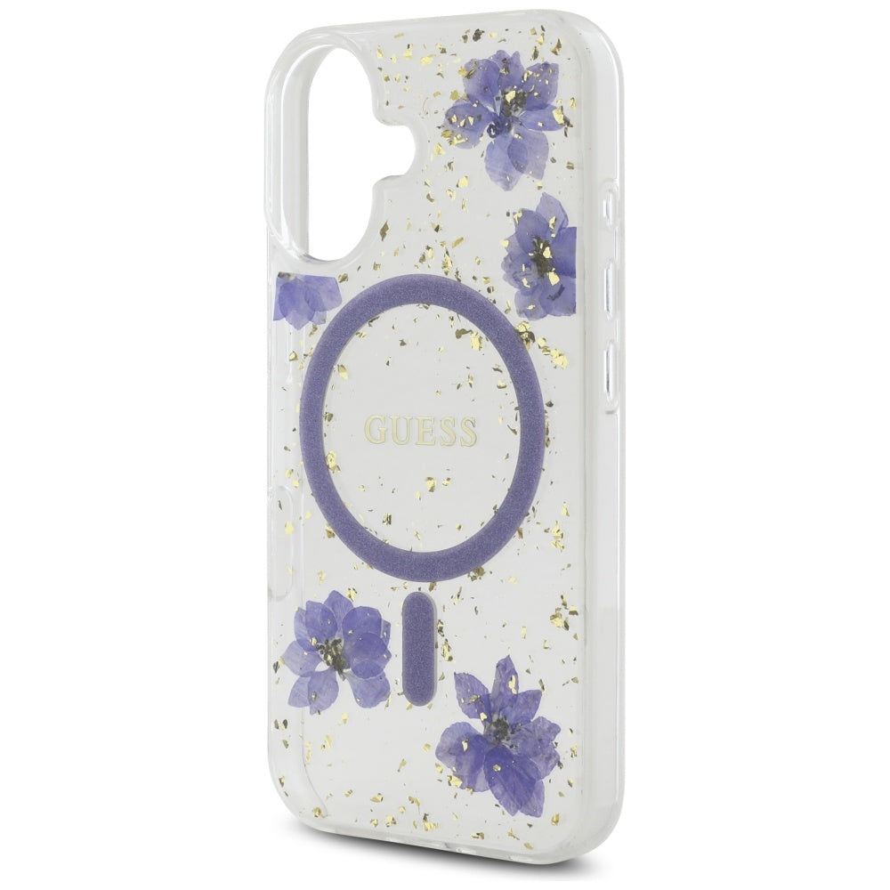 MagSafe Case for Apple iPhone 16, Guess, Resin Flowers and Glitter, Purple