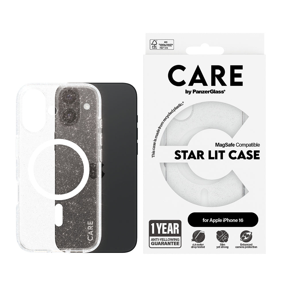 MagSafe Case for Apple iPhone 16, PanzerGlass, Urban Combat Star Lit Care, White Transparent
