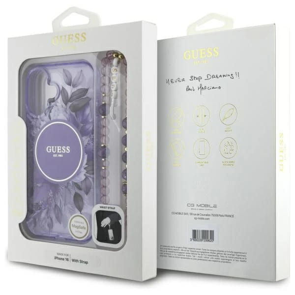 MagSafe Case for Apple iPhone 16 Plus, Guess, IML Flowers with Pearl Strap, Purple