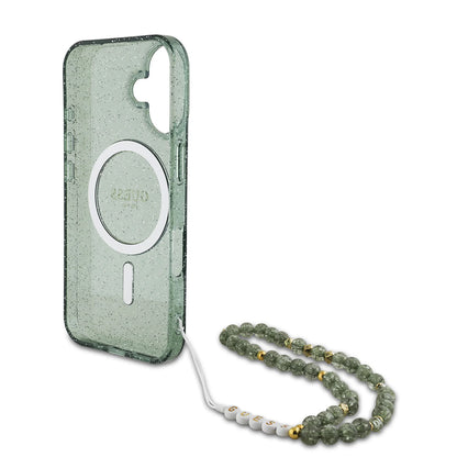 MagSafe Case for Apple iPhone 16 Plus, Guess, IML Glitter with Pearl Strap, Green