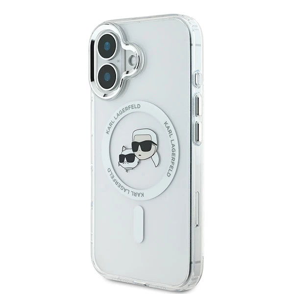 MagSafe Case for Apple iPhone 16 Plus, Karl Lagerfeld, IML Metal Karl & Choupette's Heads, White