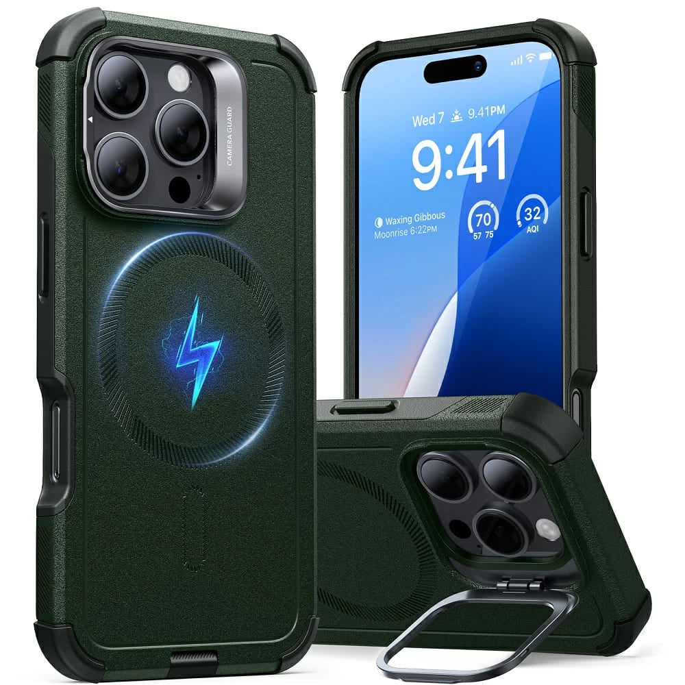 MagSafe Case for Apple iPhone 16 Pro, ESR, Cyber Armor Kickstand, Green