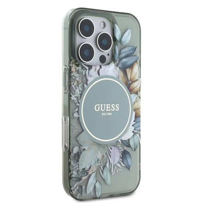 MagSafe Case for Apple iPhone 16 Pro, Guess, IML Flower & Tonal Circle, Green
