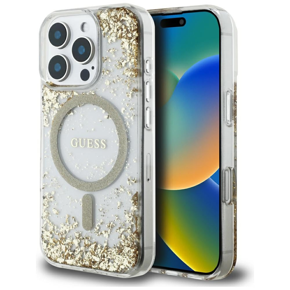 MagSafe Case for Apple iPhone 16 Pro, Guess, Resin Bottom Glitter, Gold