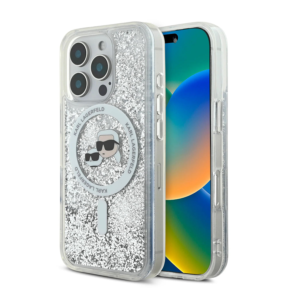 MagSafe Case for Apple iPhone 16 Pro, Karl Lagerfeld, Liquid Glitter Karl & Choupette's Heads, Transparent