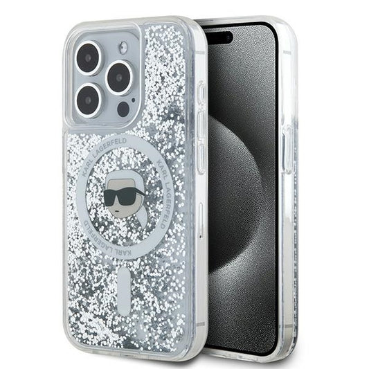 MagSafe Case for Apple iPhone 16 Pro, Karl Lagerfeld, Liquid Glitter Karl's Head, Transparent