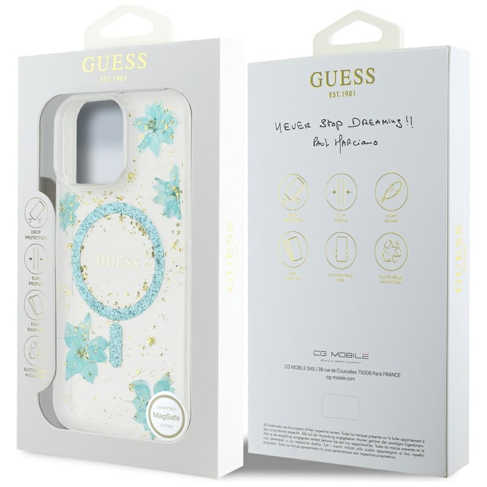 MagSafe Case for Apple iPhone 16 Pro Max, Guess, Resin Flowers and Glitter, Turquoise