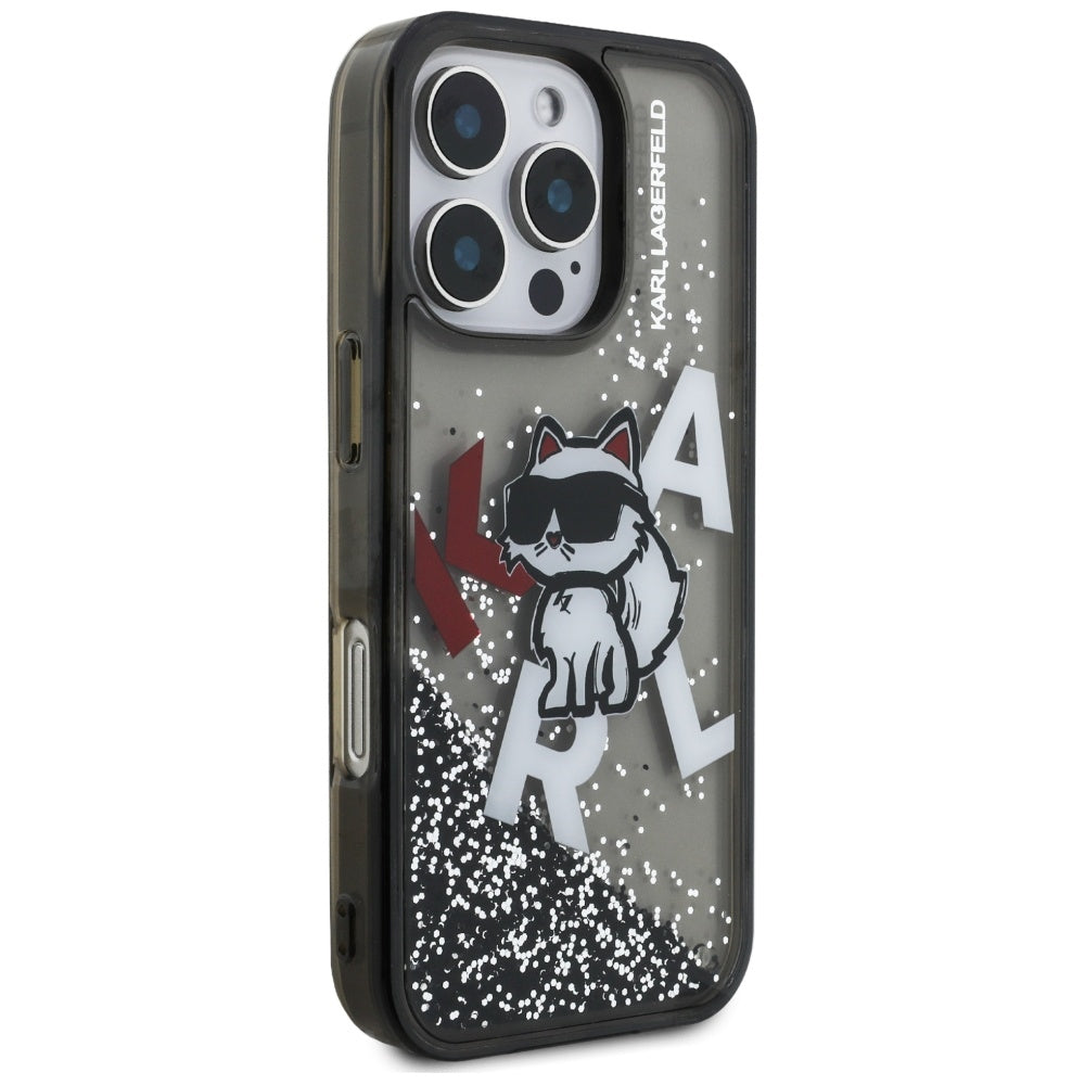 MagSafe Case for Apple iPhone 16 Pro Max, Karl Lagerfeld, Liquid Glitter Choupette Logo, Black