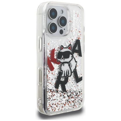 MagSafe Case for Apple iPhone 16 Pro Max, Karl Lagerfeld, Liquid Glitter Choupette Logo, Transparent