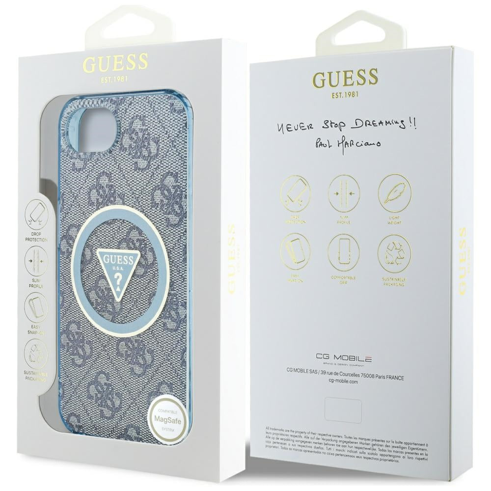 MagSafe Case for Apple iPhone 16e, Guess, IML Glitter 4G Circle Triangle, Blue