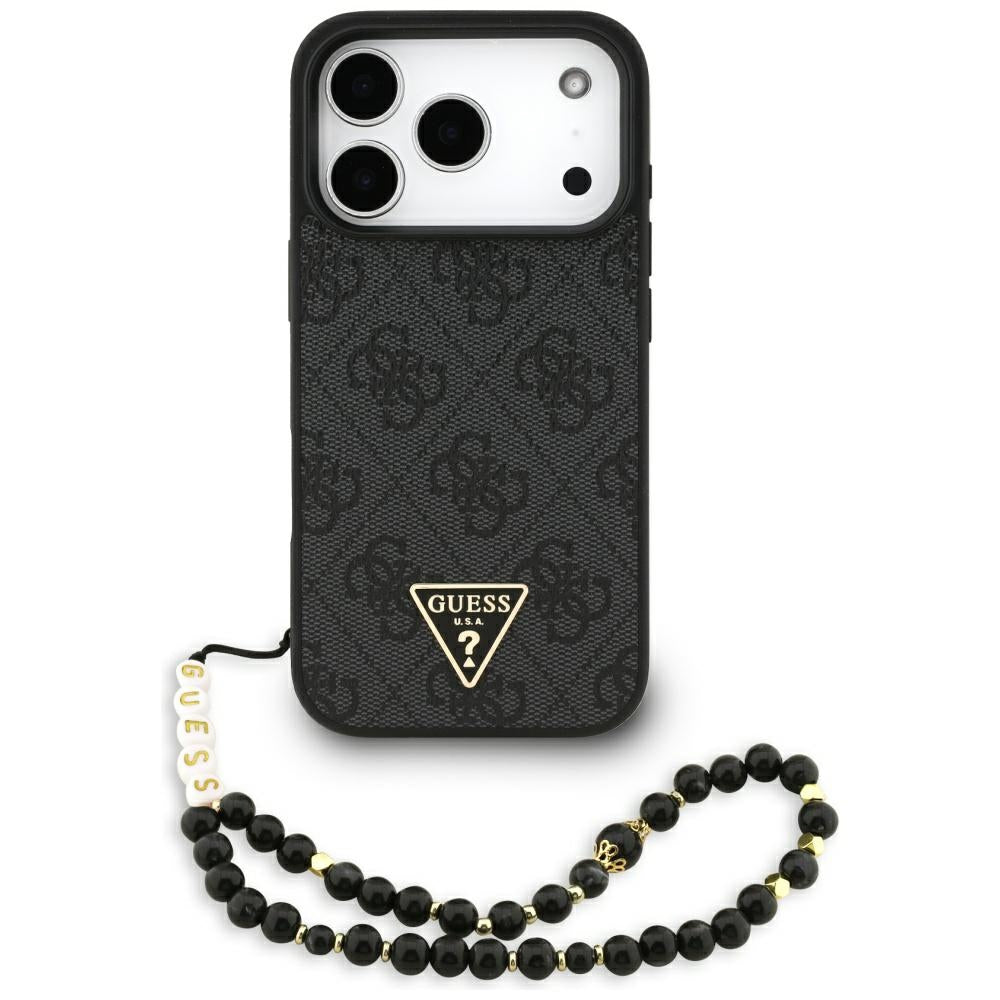 MagSafe Case for Apple iPhone 17 Pro, Guess, 4G Triangle Logo with Cord Strap, Black