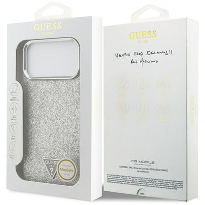 MagSafe Case for Apple iPhone 17 Pro, Guess, Glitter Triangle Logo, Silver
