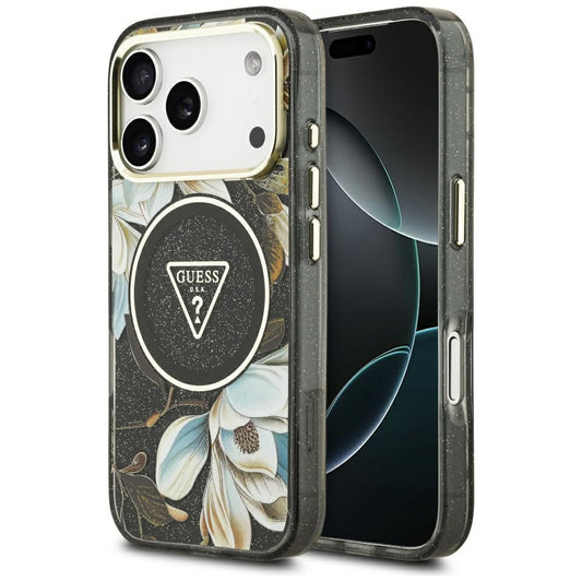 MagSafe Case for Apple iPhone 17 Pro, Guess, IML Metal Glitter Flowers Triangle, Black