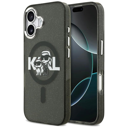 MagSafe Case for Apple iPhone 17 Pro, Karl Lagerfeld, IML Sketch Logo Glitter Karl & Choupette, Black