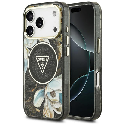 MagSafe Case for Apple iPhone 17 Pro Max, Guess, IML Metal Glitter Flowers Triangle, Black