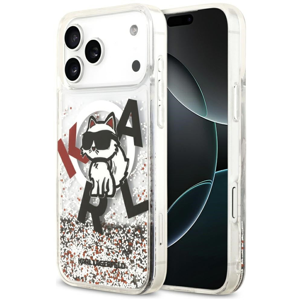MagSafe Case for Apple iPhone 17 Pro Max, Karl Lagerfeld, Liquid Glitter Logo Choupette, Transparent