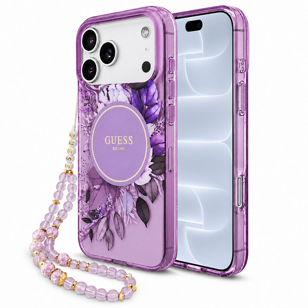 MagSafe Case for Apple iPhone 18 Pro / 17 Pro, Guess, IML Flowers with Pearl Strap, Purple