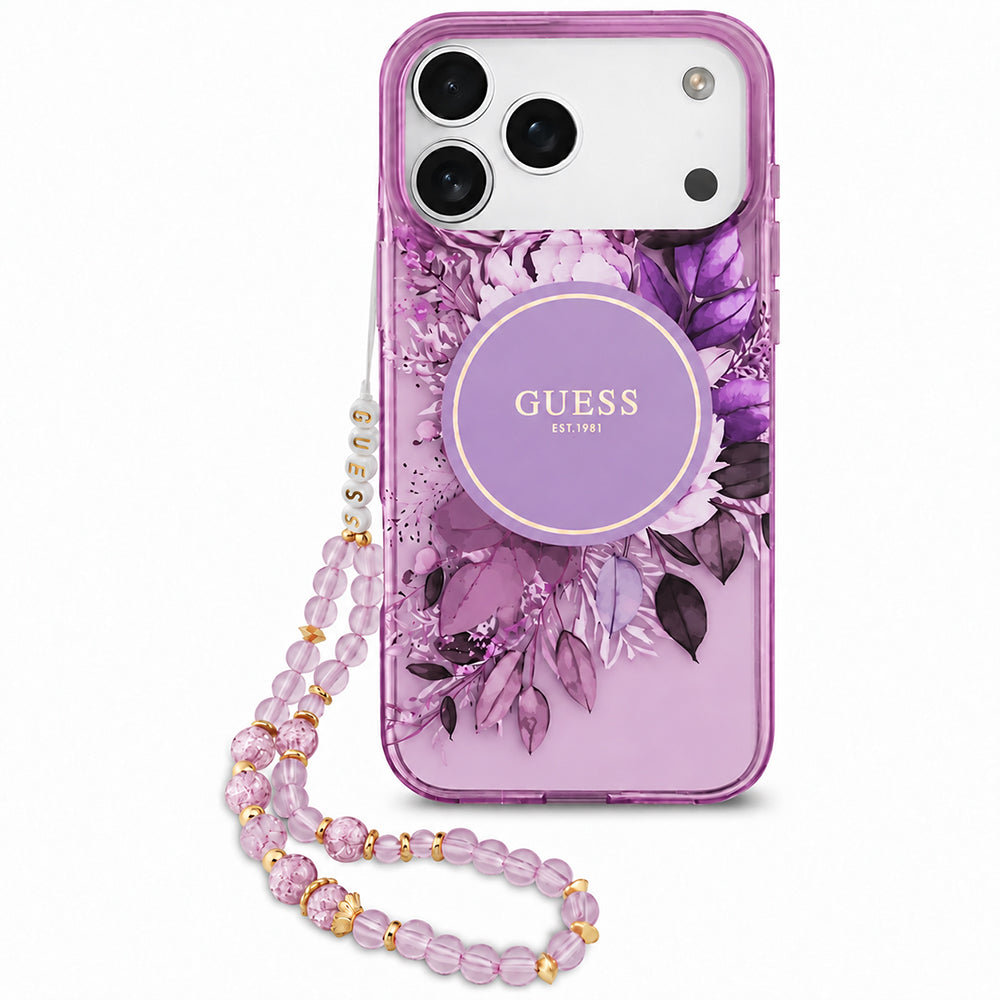 MagSafe Case for Apple iPhone 18 Pro / 17 Pro, Guess, IML Flowers with Pearl Strap, Purple
