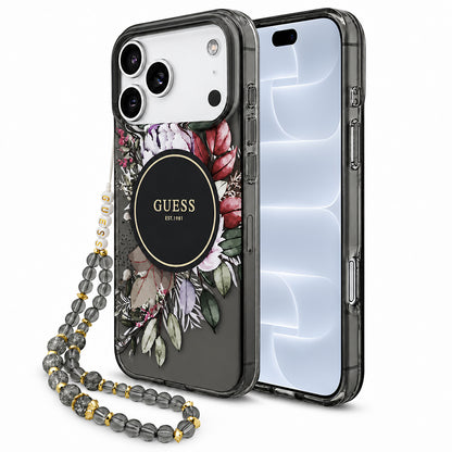 MagSafe Case for Apple iPhone 18 Pro / 17 Pro, Guess, IML Flowers with Pearl Strap, Black