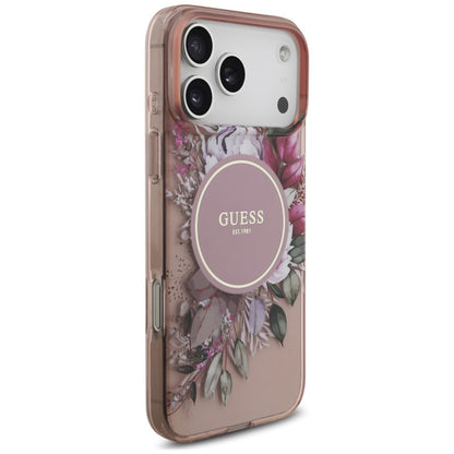 MagSafe Case for Apple iPhone 18 Pro / 17 Pro, Guess, IML Flowers with Pearl Strap, Pink