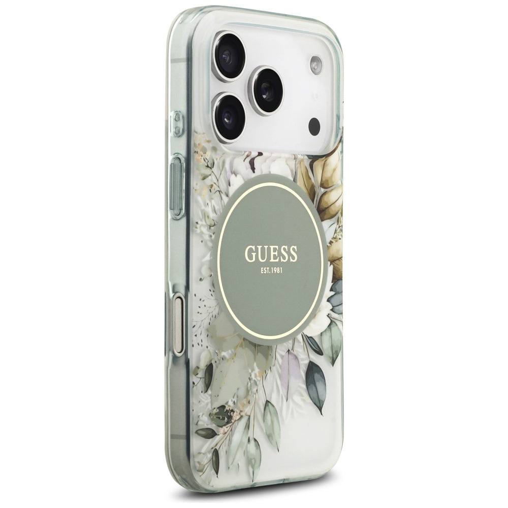 MagSafe Case for Apple iPhone 18 Pro / 17 Pro, Guess, IML Flowers with Pearl Strap, Green
