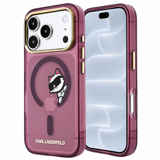 MagSafe Case for Apple iPhone 18 Pro / 17 Pro, Karl Lagerfeld, IML Peekaboo Print and Metal Frame, Burgundy